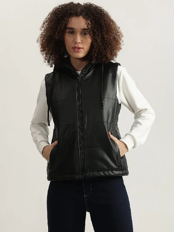 Elle Women Black Solid Hooded Sleeveless Jacket Belted Jacket Elasticated Jacket Padded Jacket Elle Women Black Solid Hooded Sleeveless Jacket Belted Jacket Elasticated Jacket Padded Jacket