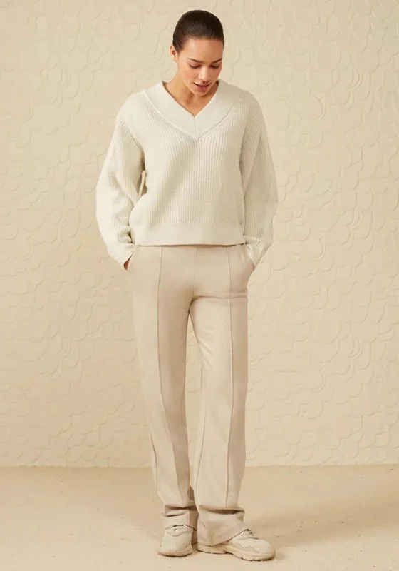 YAYA Herringbone Straight Leg Trouser, Pure Cashmere Brown Trousers Evening Elegant