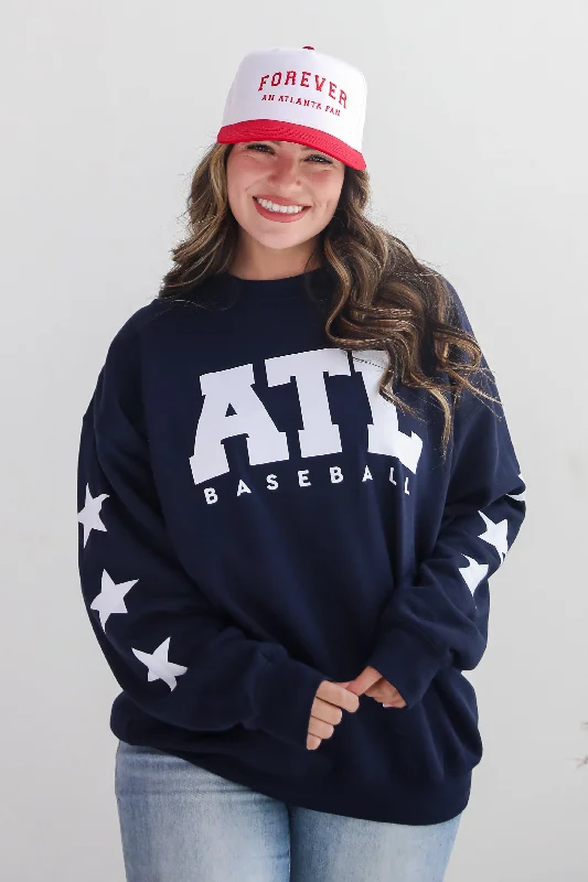Navy ATL Baseball Star Sweatshirt Hoodie with V-Neck Classic Versatile