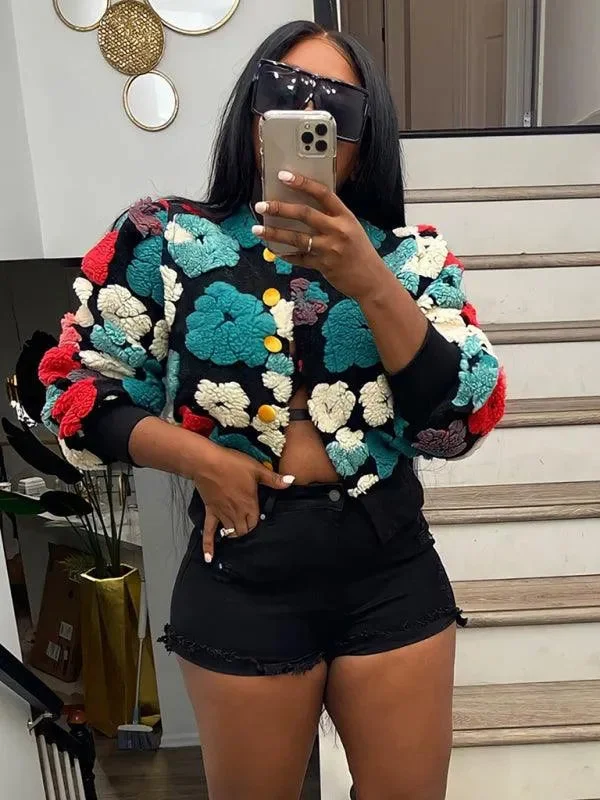 Women Embroidered Flower Short Jacket Lace Jacket Ribbed Jacket Sequined Jacket
