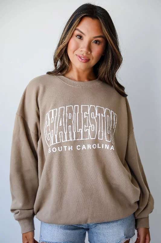 Tan Charleston South Carolina Sweatshirt Hoodie with Button Placket Classic Preppy
