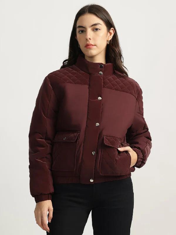 Elle Women Maroon Solid Stand Collar Full Sleeves Quilted Jacket Mesh Jacket Canvas Jacket Denim Jacket Elle Women Maroon Solid Stand Collar Full Sleeves Quilted Jacket Mesh Jacket Canvas Jacket Denim Jacket
