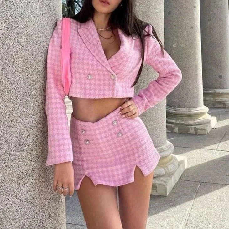 Paris Bound Double Button Crop Blazer & Split Skirt Set Women's Long Blazer