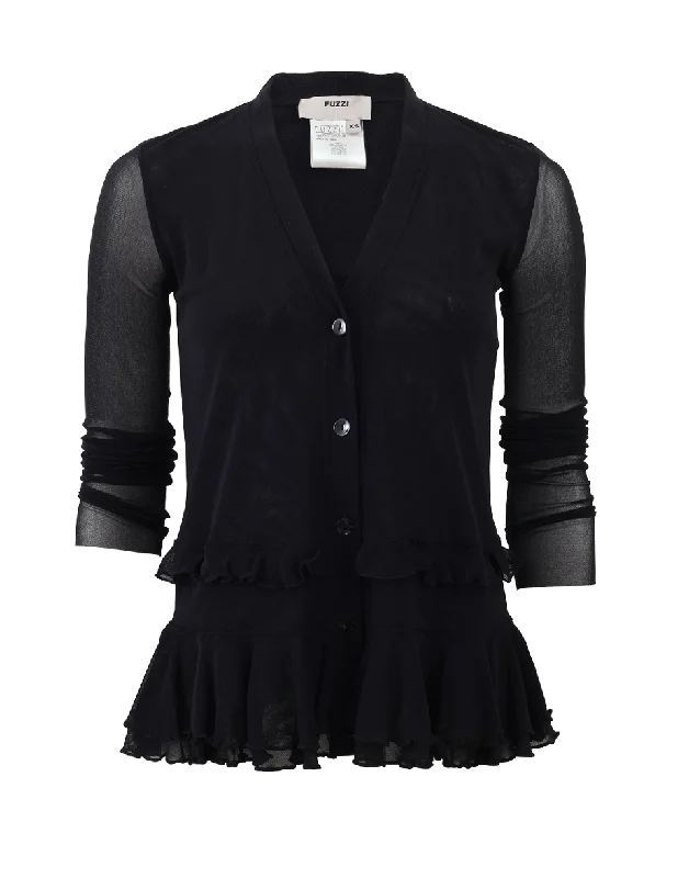 Ruffle Bottom Cardigan Houndstooth Herringbone Solid
