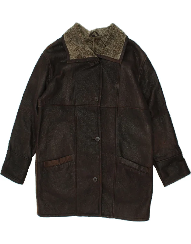 VINTAGE Womens Shearling Coat EU 42 Large Brown Leather Asymmetrical Diagonal princess