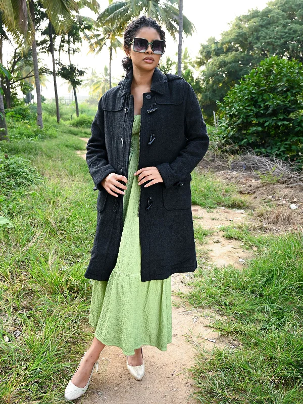 Odette Black Solid Woolen Long Coat For Women Hook-and-Loop Buckled Tied