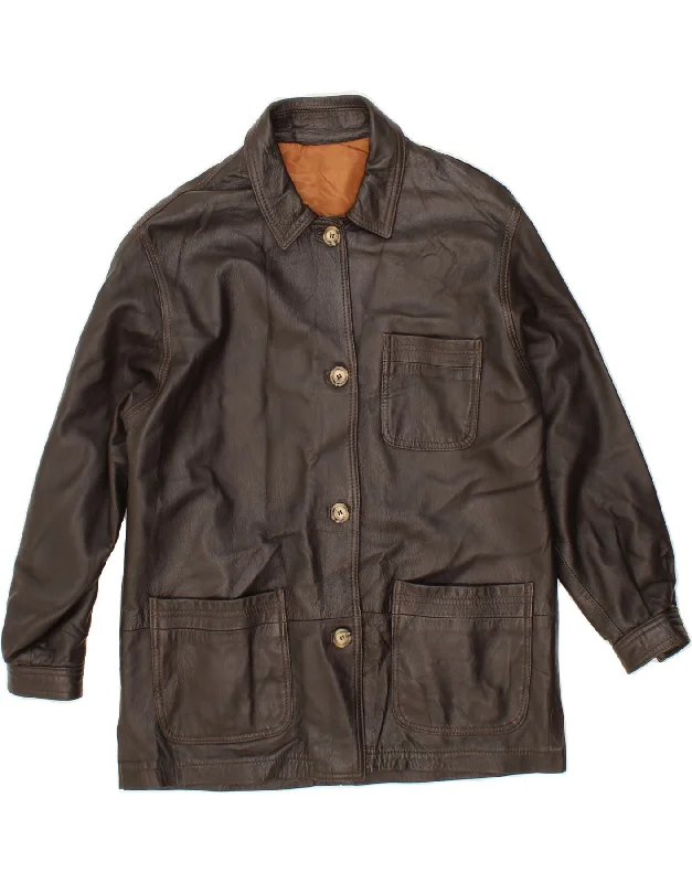 VINTAGE Womens Loose Fit Leather Coat UK 14 Medium Brown Leather Parka Anorak Hoodie VINTAGE Womens Loose Fit Leather Coat UK 14 Medium Brown Leather Parka Anorak Hoodie