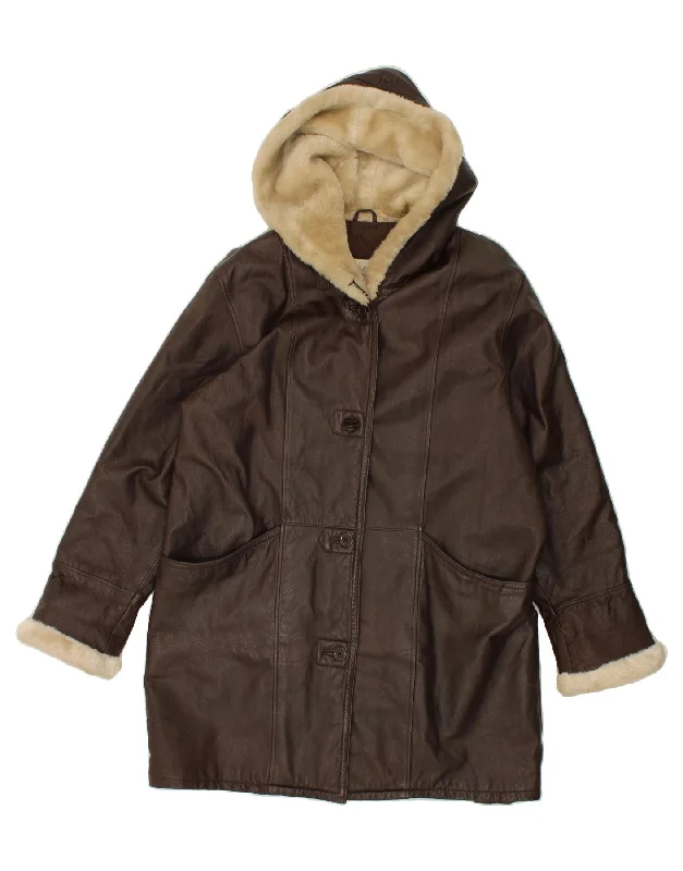 VINTAGE Womens Hooded Leather Coat UK 14 Medium Brown Leather Plaid Tartan Floral