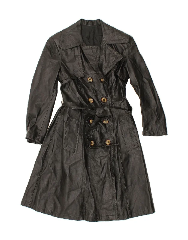 VINTAGE Womens Double Breasted Leather Coat IT 48 XL Black Leather Parka Down Jacket Wool Coat VINTAGE Womens Double Breasted Leather Coat IT 48 XL Black Leather Parka Down Jacket Wool Coat