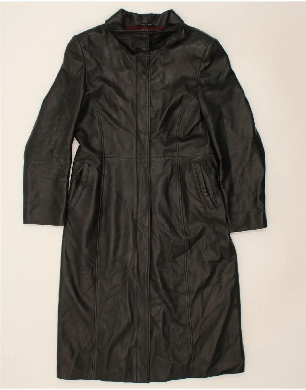 VINTAGE Womens Leather Coat UK 12 Medium Black Leather Vent Hem Cuff
