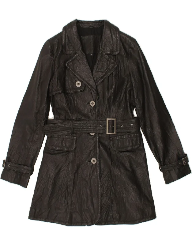 VINTAGE Womens Leather Coat IT 44 Medium Black Leather Fleece Down Feather