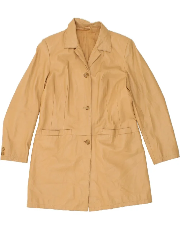 VINTAGE Womens Leather Coat IT 48 XL Beige Buttoned Toggled Snapped
