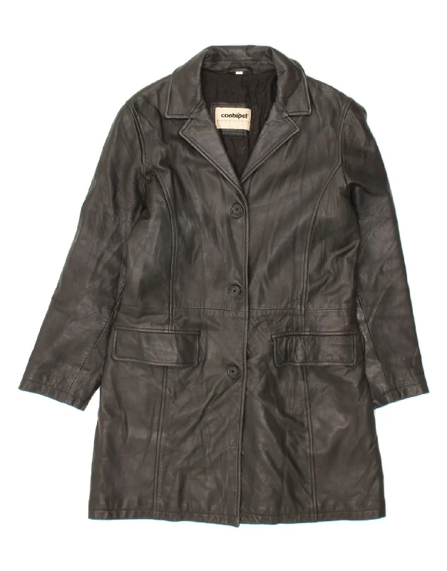 CONBIPEL Womens Leather Coat IT 44 Medium Black Leather Crew Neck V-Neck Boat Neck