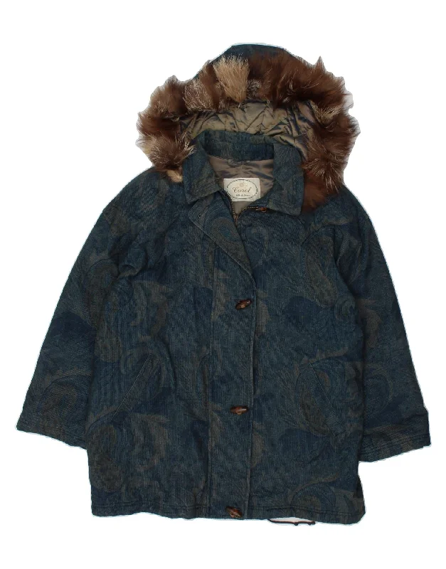 CAROL Womens Hooded Duffle Coat IT 42 Medium Navy Blue Paisley Polyester Trench Wool Cashmere CAROL Womens Hooded Duffle Coat IT 42 Medium Navy Blue Paisley Polyester Trench Wool Cashmere