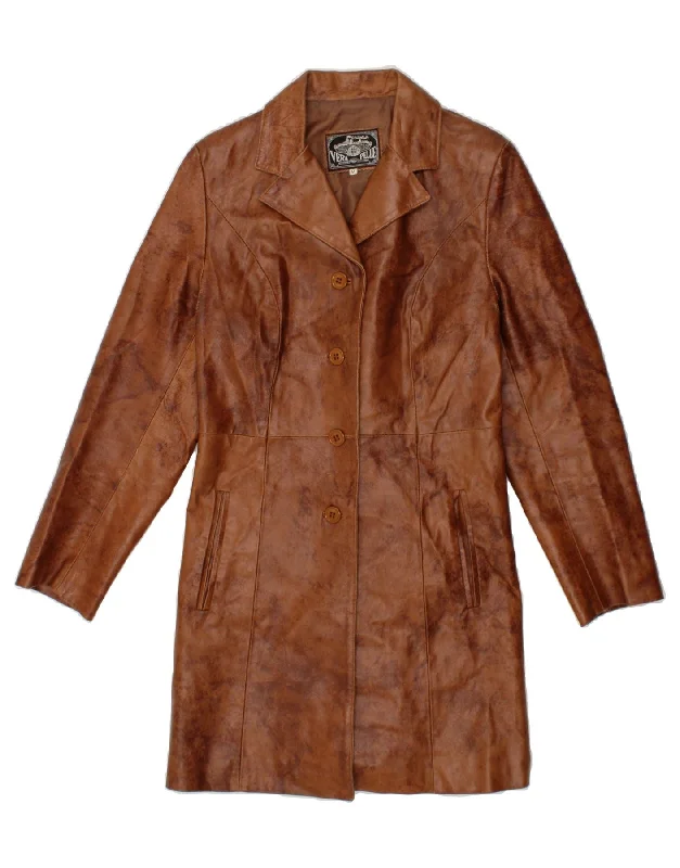 VINTAGE Womens Leather Coat UK 12 Medium Brown Leather Mesh Canvas Denim