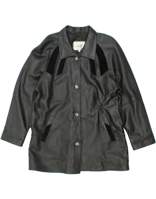 VINTAGE Womens Leather Coat UK 16 Large Black Leather Vent Hem Cuff