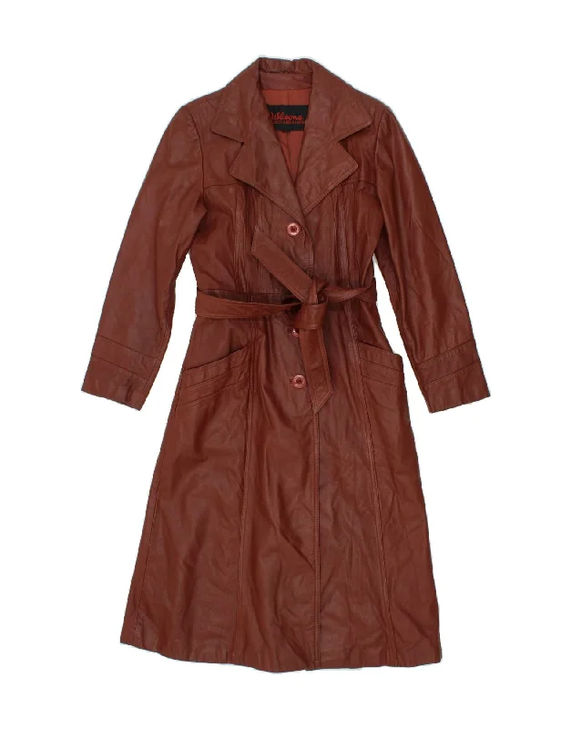 WILSON Womens Leather Coat UK 12 Medium Brown Leather Lapel Coat Peter Pan Collar Coat Cowl Neck Coat
