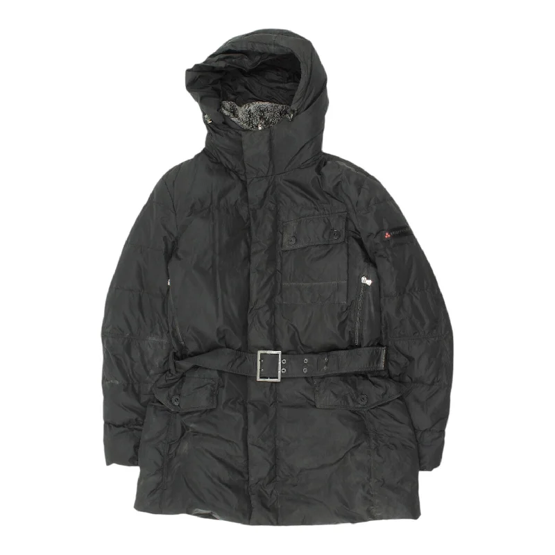 Peuterey Womens Black Belted Hooded Coat | Vintage High End Designer Quilted VTG Cotton Linen Terry Peuterey Womens Black Belted Hooded Coat | Vintage High End Designer Quilted VTG Cotton Linen Terry