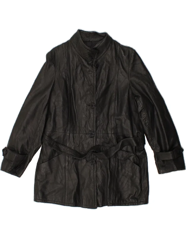 VINTAGE Womens Leather Coat IT 48 XL Black A-Line Ball Gown Mermaid