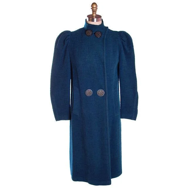 Vintage Textured Wool Coat Deep Turquoise Huge Shoulders 1940S M-L Knit Woven Fleece Vintage Textured Wool Coat Deep Turquoise Huge Shoulders 1940S M-L Knit Woven Fleece
