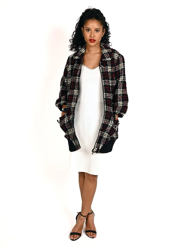 Odette Black And White Checked Woolen Long Coat For Women Hooded Caped Scarf