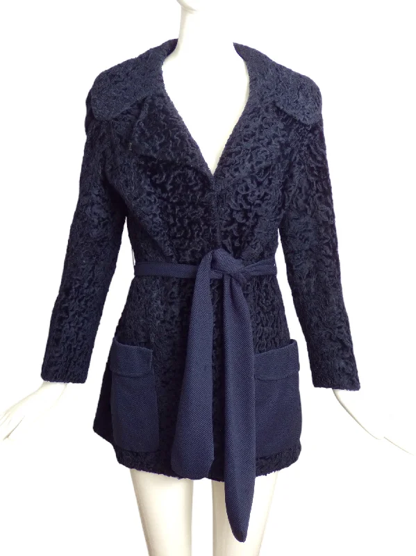 1960s Navy Broadtail Fur Coat, Size 6 Solid Print Jacquard