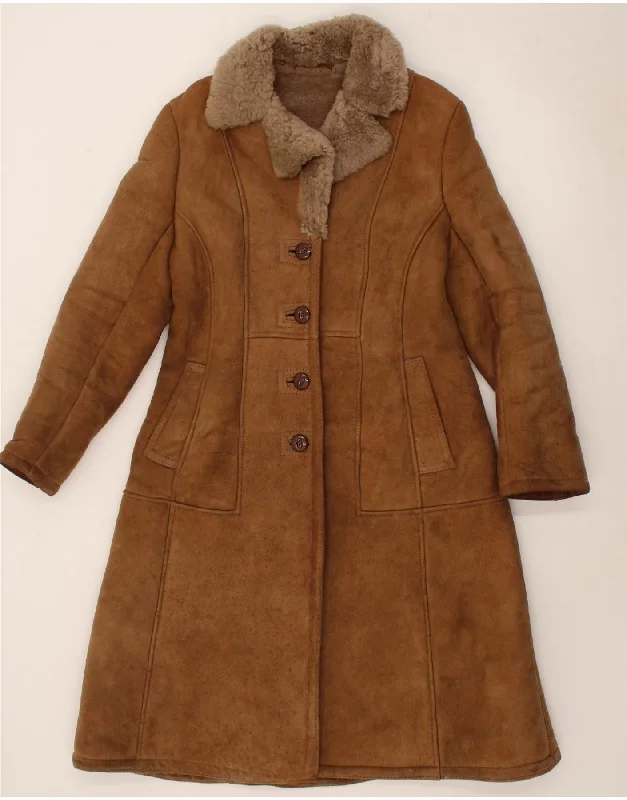 VINTAGE Womens Shearling Coat UK 10 Small Brown Bomber Denim Leather
