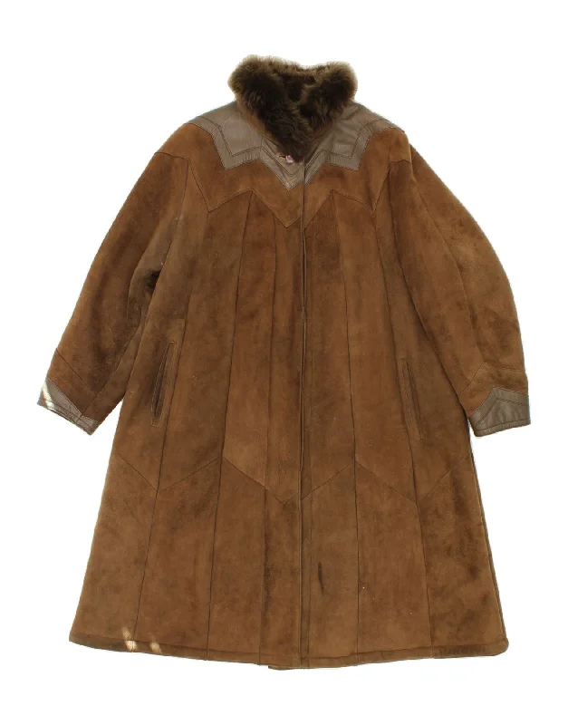 VINTAGE Womens Shearling Coat UK 16 Large Brown Cotton Linen Terry