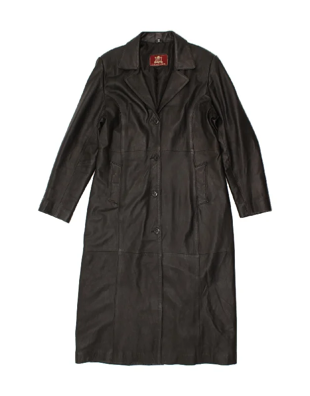 VINTAGE Womens Leather Coat IT 46 Large Black Leather Plaid Tartan Floral