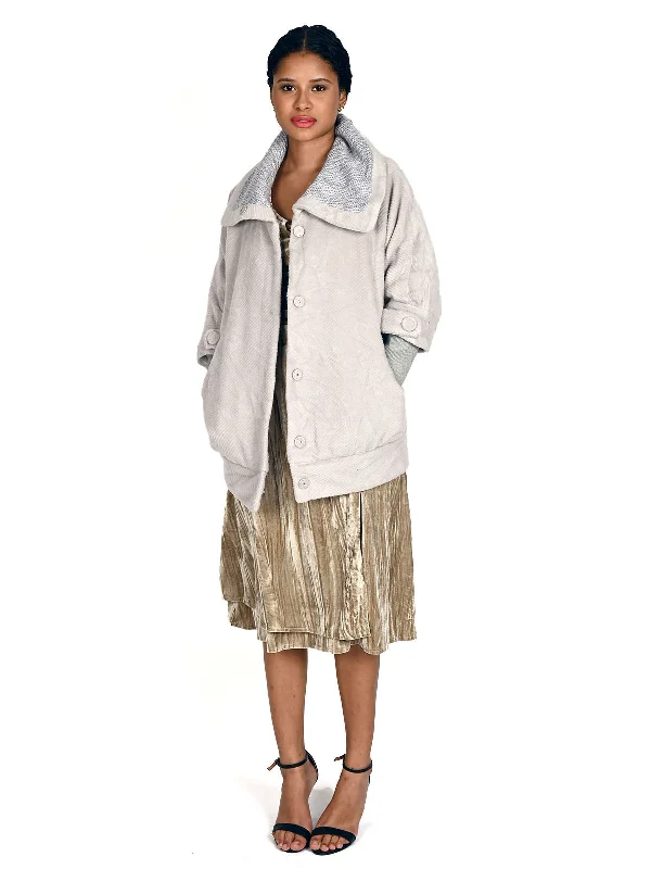 Odette Grey Lace Work Woolen Long Coat For Women Cardigan Sweater Pullover