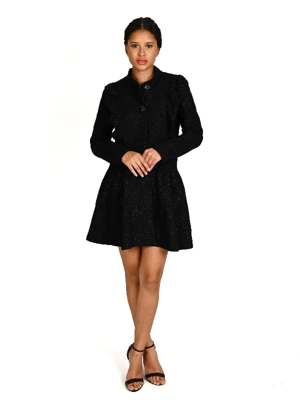 Odette Black Solid Woolen Long Coat For Women Vest Waistcoat Gilet