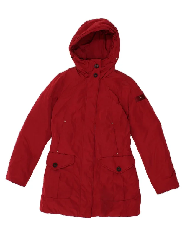 PEUTEREY Womens Hooded Padded Coat IT 38 XS Red Polyester Welt Pockets Slit Pockets Flap Pockets PEUTEREY Womens Hooded Padded Coat IT 38 XS Red Polyester Welt Pockets Slit Pockets Flap Pockets