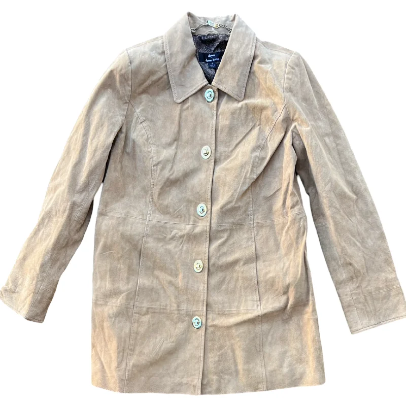 Tan Suede Midi Coat (L) Asymmetrical Collar Hooded Zippered
