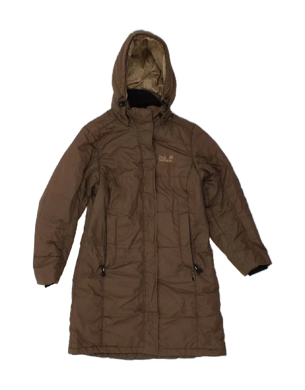 JACK WOLFSKIN Womens Hooded Windbreaker Coat UK 10 Small Brown Polyester Down Puffer Quilted JACK WOLFSKIN Womens Hooded Windbreaker Coat UK 10 Small Brown Polyester Down Puffer Quilted