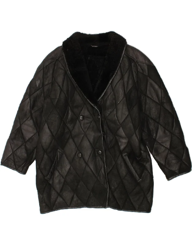 VINTAGE Womens Oversized Shearling Coat UK 14 Medium Black Print Jacquard Embroidered VINTAGE Womens Oversized Shearling Coat UK 14 Medium Black Print Jacquard Embroidered