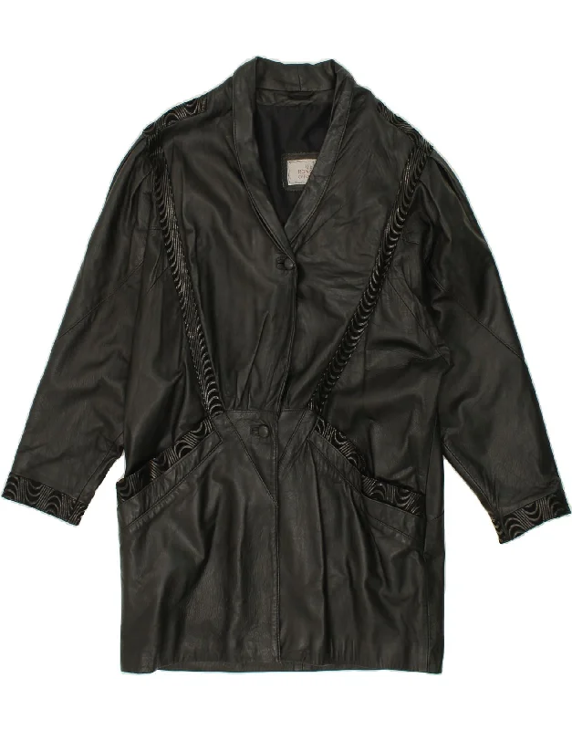 VINTAGE Womens Leather Coat UK 14 Large Black Leather empire Basque Peplum