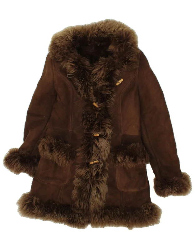 VINTAGE Womens Duffle Shearling Coat UK 8 Small Brown Suede Jacket Faux Fur Jacket Puffer Jacket VINTAGE Womens Duffle Shearling Coat UK 8 Small Brown Suede Jacket Faux Fur Jacket Puffer Jacket