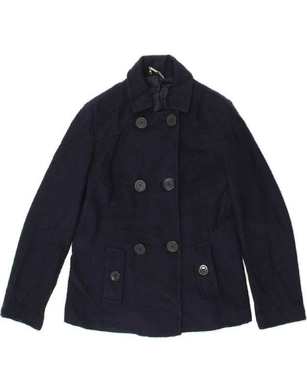 VINTAGE Womens Pea Coat UK 12 Medium Navy Blue Polyester Suede Faux Fur Shearling