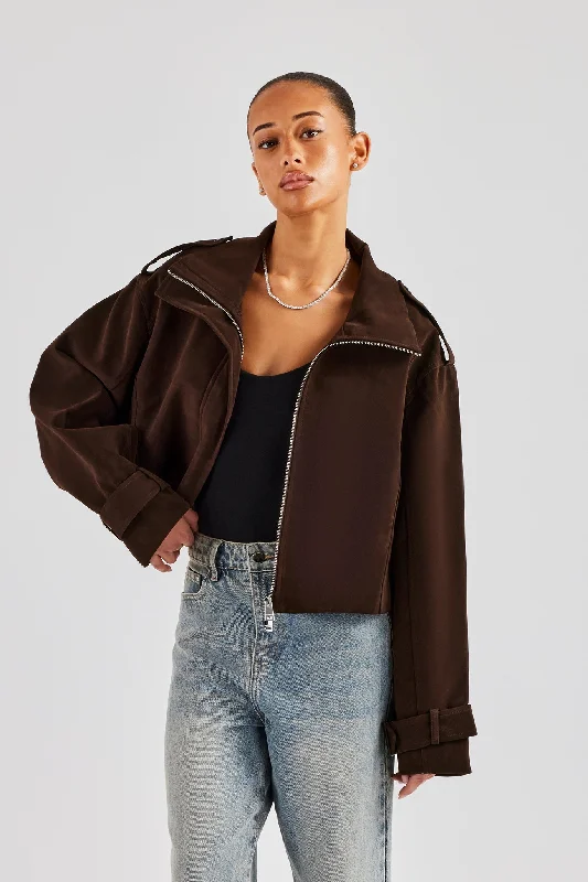 Ladies Faux Suede Cropped Trench Coat - Chocolate Cardigan Sweater Pullover