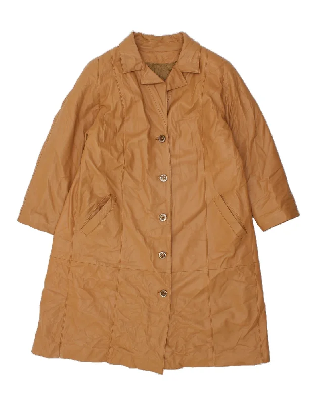 VINTAGE Womens Leather Coat UK 14 Large Beige Stand-Up Roll-Neck Turtle