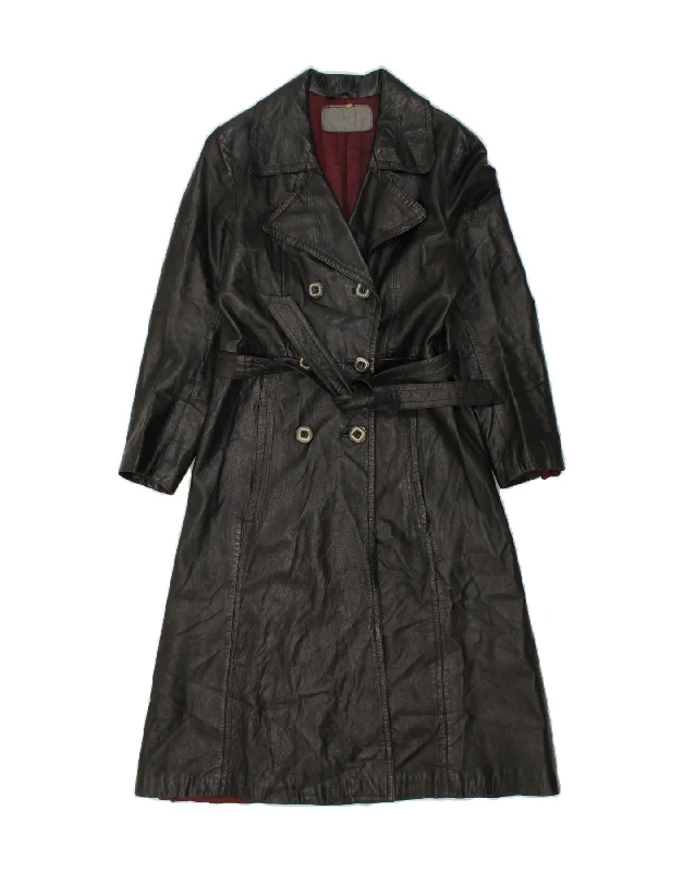 VINTAGE Womens Double Breasted Leather Coat IT 44 Medium Black Turtleneck Jacket Crew Neck Jacket V-Neck Jacket VINTAGE Womens Double Breasted Leather Coat IT 44 Medium Black Turtleneck Jacket Crew Neck Jacket V-Neck Jacket