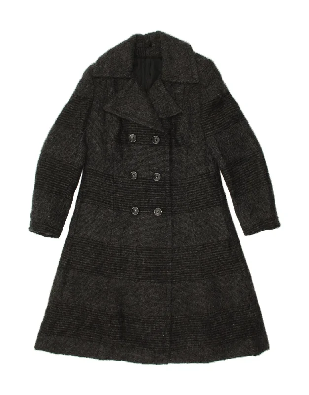 VINTAGE Womens Double Breasted Coat UK 12 Medium Grey Striped Asymmetrical Collar Hooded Zippered VINTAGE Womens Double Breasted Coat UK 12 Medium Grey Striped Asymmetrical Collar Hooded Zippered
