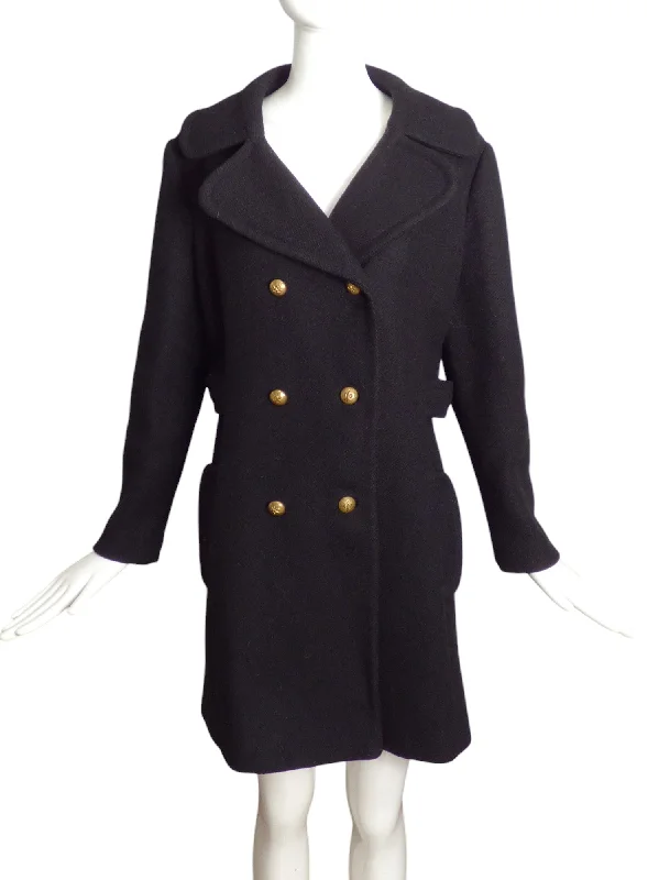 1960s Black Wool Pea Coat, Size 6 Striped Polka Dot Floral