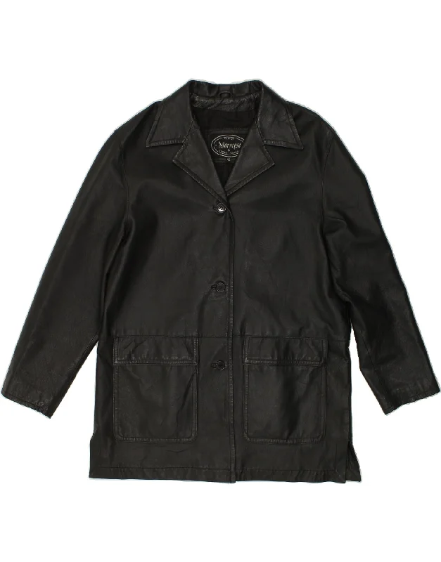 VINTAGE Womens Leather Coat IT 48 XL Black Leather Boat Shawl Notched