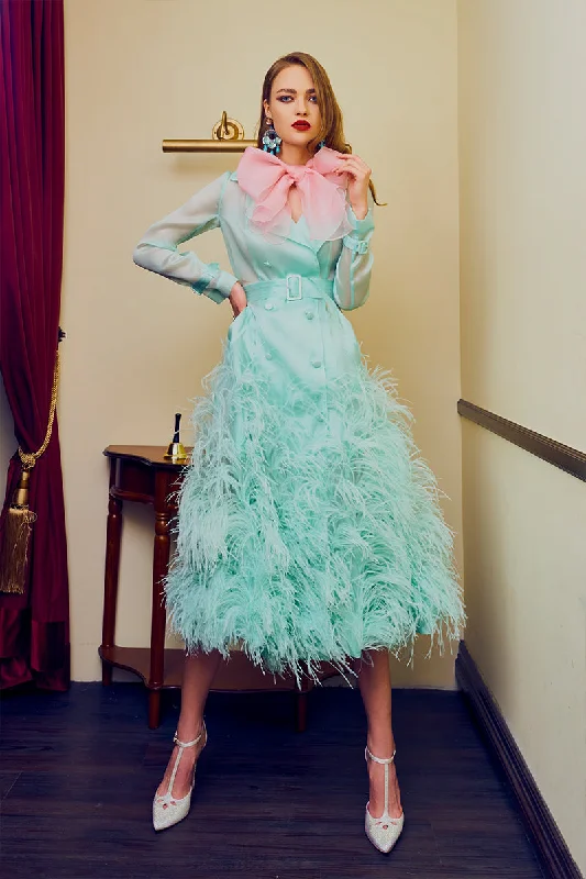 Silk Gazar Ostrich Feathers Embellished Trench Coat in Mint Green Cape Coat Herringbone Coat Tweed Coat Silk Gazar Ostrich Feathers Embellished Trench Coat in Mint Green Cape Coat Herringbone Coat Tweed Coat