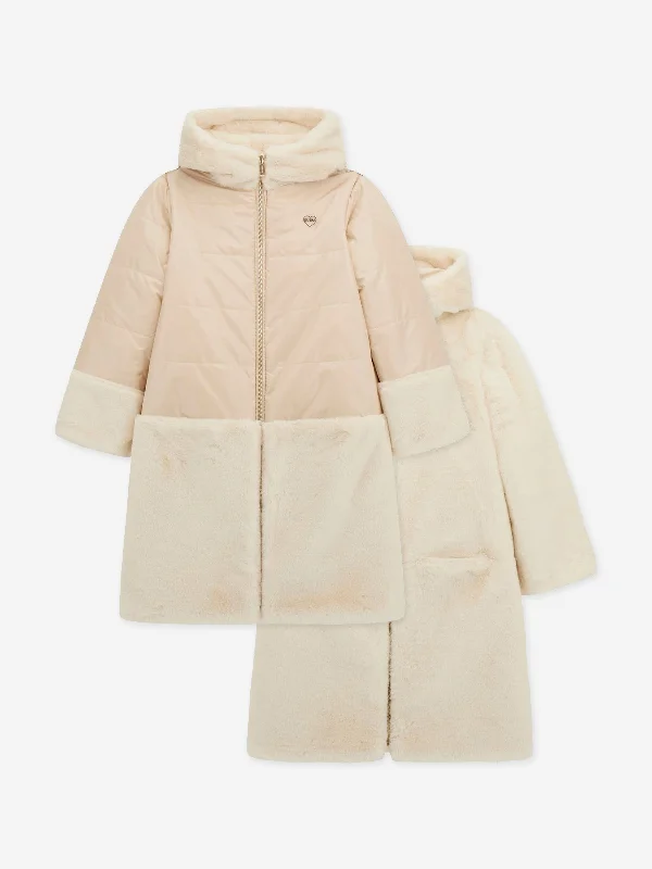 Guess Girls Hooded Reversible Coat in Ivory Sequined Lace Ribbed
