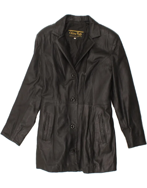 VINTAGE Womens Leather Coat UK 12 Medium Black Blazer Duffle Coat Pea Coat