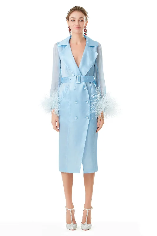 Ostrich Feathers Embellished Sleeves Silk Gazar Trench Coat in Blue Bomber Jacket Denim Jacket Leather Jacket Ostrich Feathers Embellished Sleeves Silk Gazar Trench Coat in Blue Bomber Jacket Denim Jacket Leather Jacket