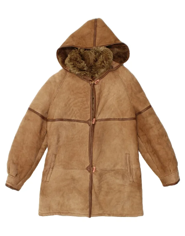 VINTAGE Womens Hooded Shearling Coat UK 18 XL Brown Turtleneck Wrap Cape