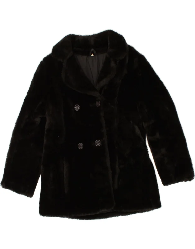 VINTAGE Womens Double Breasted Faux Fur Coat UK 14 Medium Black Acrylic Trench Wool Cashmere VINTAGE Womens Double Breasted Faux Fur Coat UK 14 Medium Black Acrylic Trench Wool Cashmere
